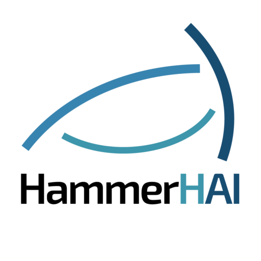 Logo of the HammerHAI project. Above the project title (with "Hammer" in black and "HAI" in three different shades of blue) three slightly curved lines in the same shades of blue remind the viewer of a hammerhead shark - the namesake of the project in German.