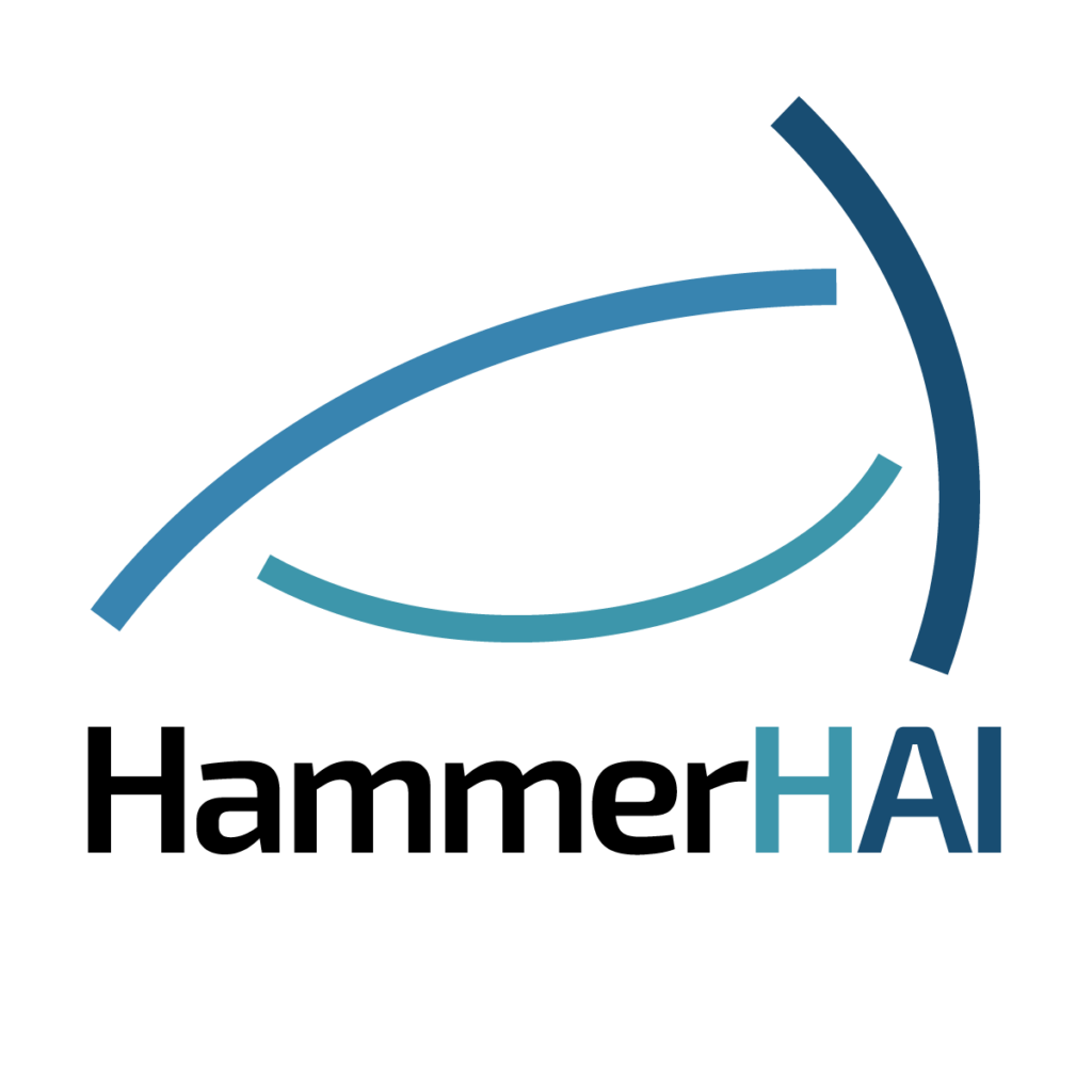 Logo of the HammerHAI project. Above the project title (with "Hammer" in black and "HAI" in three different shades of blue) three slightly curved lines in the same shades of blue remind the viewer of a hammerhead shark - the namesake of the project in German.