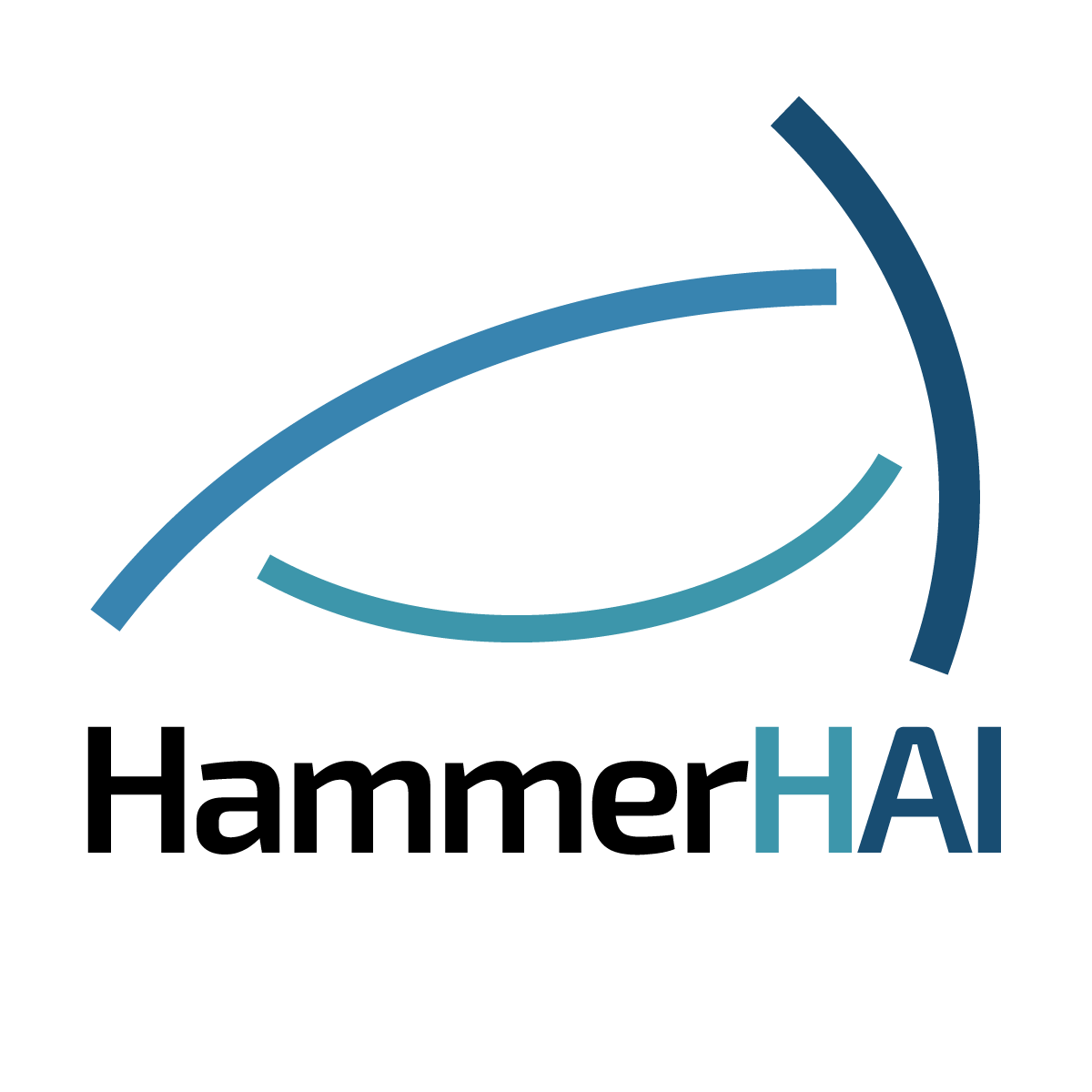 Logo of the HammerHAI project. Above the project title (with "Hammer" in black and "HAI" in three different shades of blue) three slightly curved lines in the same shades of blue remind the viewer of a hammerhead shark - the namesake of the project in German.