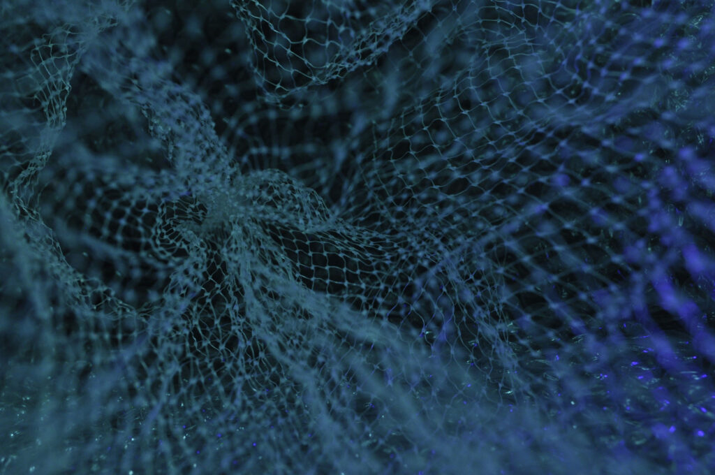 Key visual for the project: Close-up view of a three-dimensional, net-like pattern with interconnected, irregular square shapes. The pattern resembles a mesh or web, primarily in blue with varying shades. Lighting and shadows as well as a small depth-of field enhance the texture, creating depth and a dynamic, organic feel. The visual simultaneously looks like a typical representation of a neural network as well as the open sea where hammerhead sharks - the namesakes of the HammerHAI project - reside.