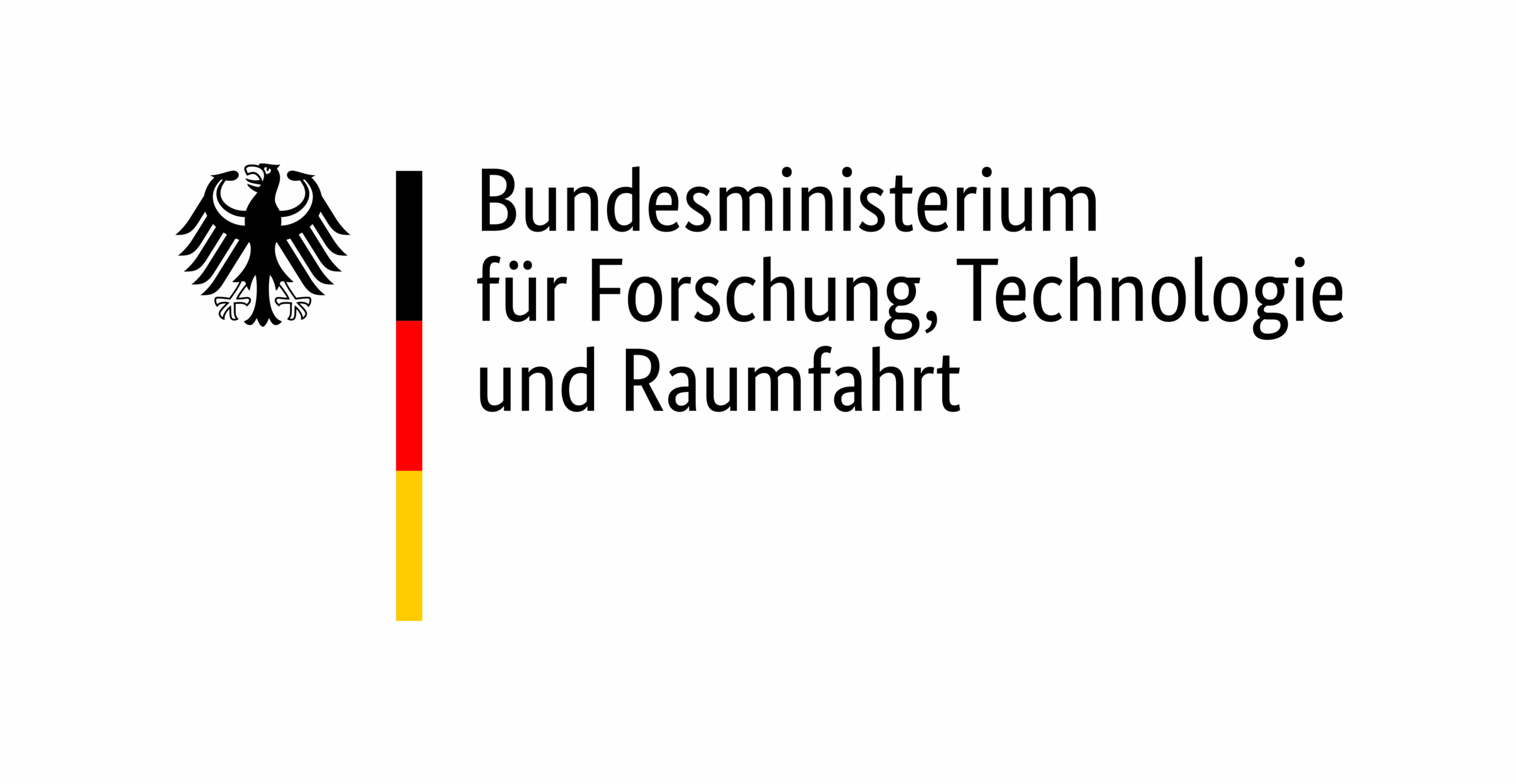 Logo of the Federal Ministry of Research, Technology and Space of Germany. A black eagle icon (coat of arms of Germany) on the left, a vertical strip in the colors of the German flag (black, red, yellow) to the right of it and even further to the right the wordmark "Bundesministerium für Forschung, Technologie und Raumfahrt".