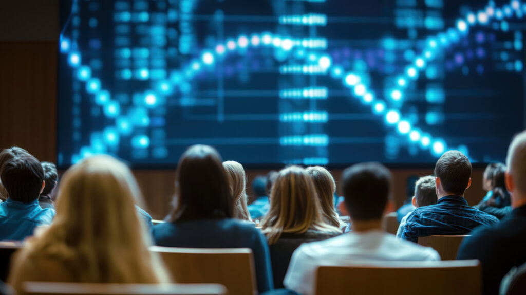 A scientific conference with researchers presenting findings on a big screen.