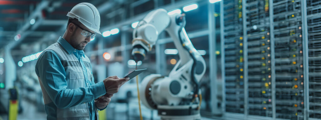 Mood image of an engineer looking at a tablet computer in a factory hall with a high-tech robot arm and a supercomputer server rack in the background.