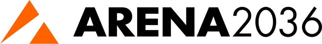 Logo of Arena2036. From left to right: two orange triangles composing a pyramid shape, bold letters saying "ARENA" and regular letters saying "2036"