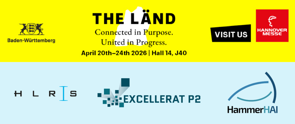 Visual showing Baden-Württemberg and Hannover Messe logos with event details, plus logos of HLRS, EXCELLERAT P2, and HammerHAI.