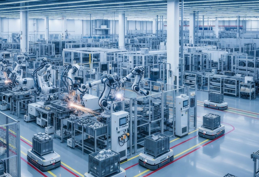 An industrial hall with robots.