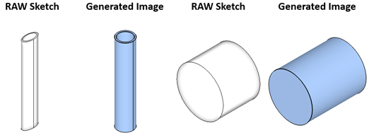 Image showing Raw Sketch and Generated Images of two cylindrical shapes.